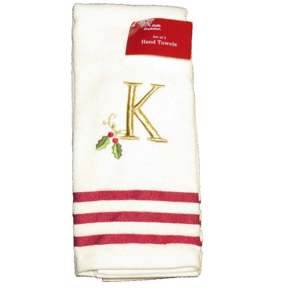 Winter Wonderland Christmas Embroidered "K" Monogrammed Hand Towel Set Of Two